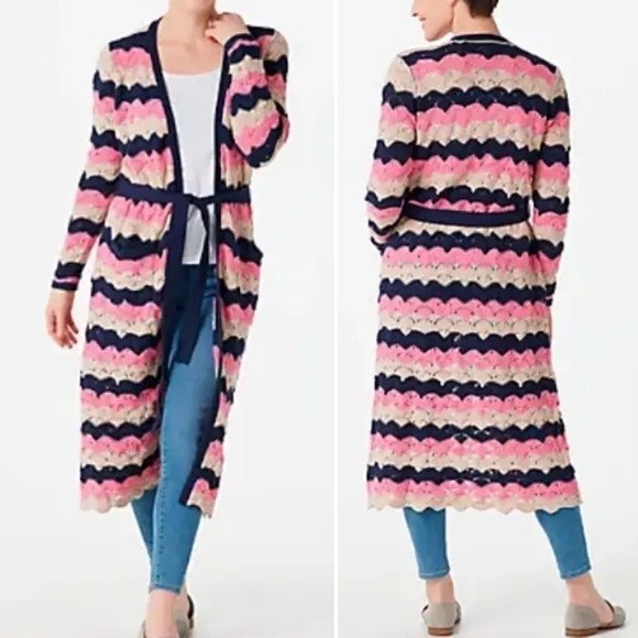 Laurie Felt Pointelle Knit Maxi Cardigan Duster Sweater Navy Pink Tan Size XXS - Picture 1 of 16